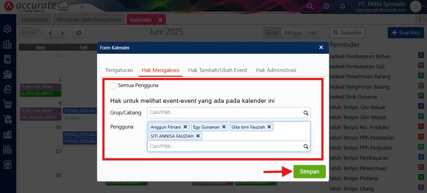 baca kalender Accurate Online